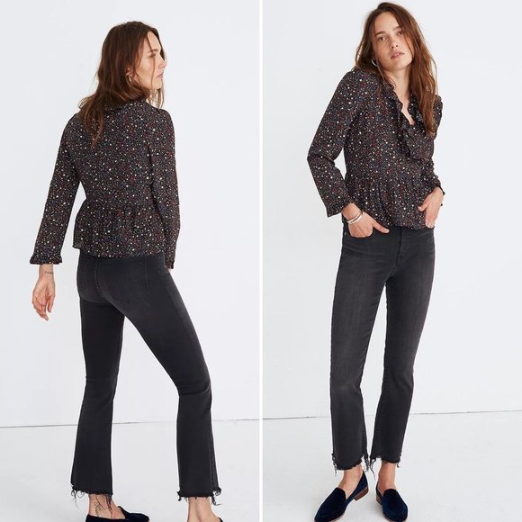 Madewell Silk Ruffle-Hem Wrap Top in Starry Night Black Red White Blue Size XXS - Picture 6 of 11